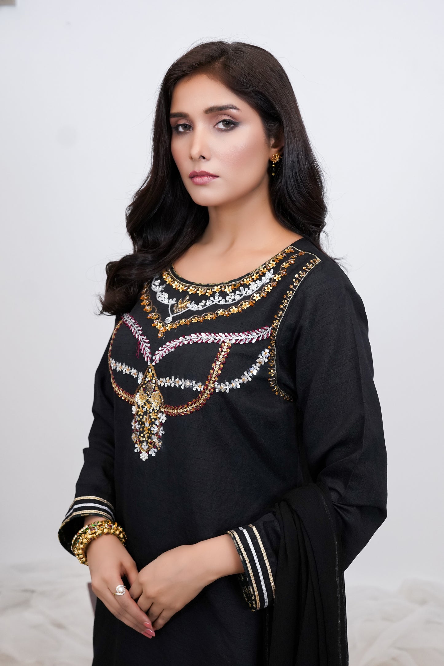 Golden Eclipse-03 PC Black Indian Raw Silk Suit- S2024602