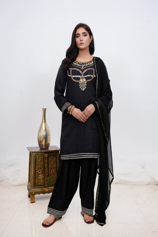 Golden Eclipse-03 PC Black Indian Raw Silk Suit- S2024602