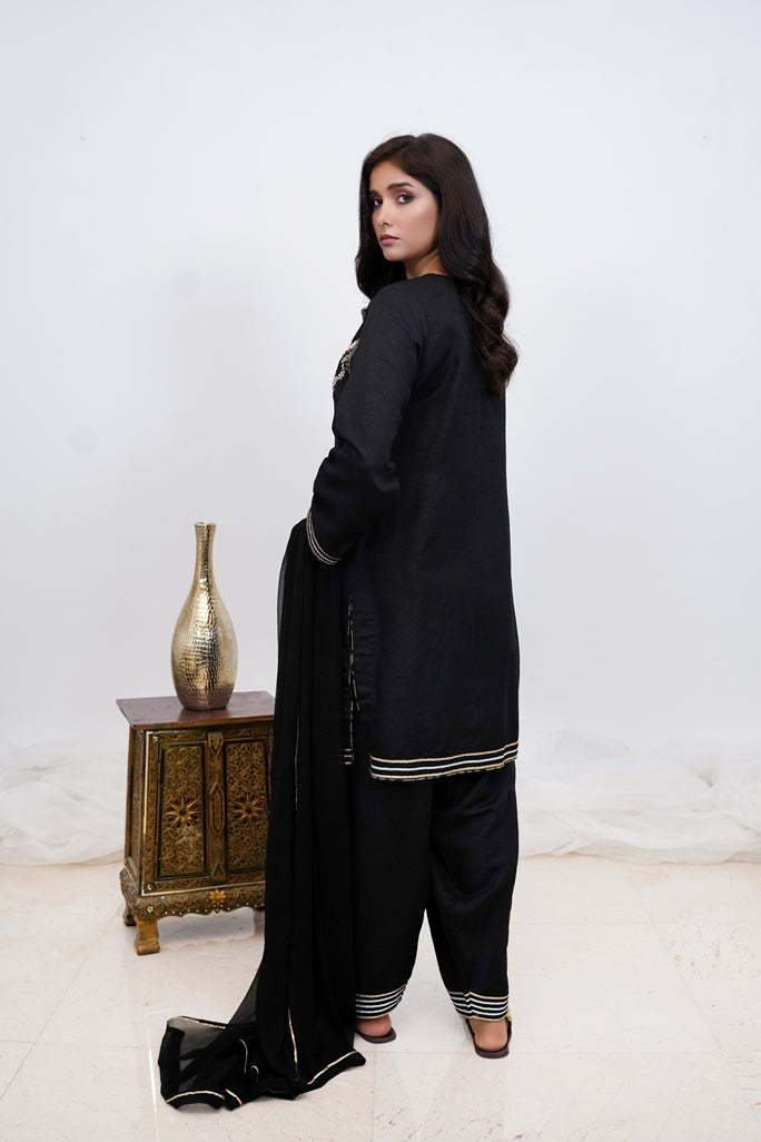 Golden Eclipse-03 PC Black Indian Raw Silk Suit- S2024602