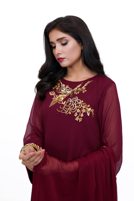 Maroon Mirage-03 PC Maroon Chiffon Hand Embroidered Suit-S2024616