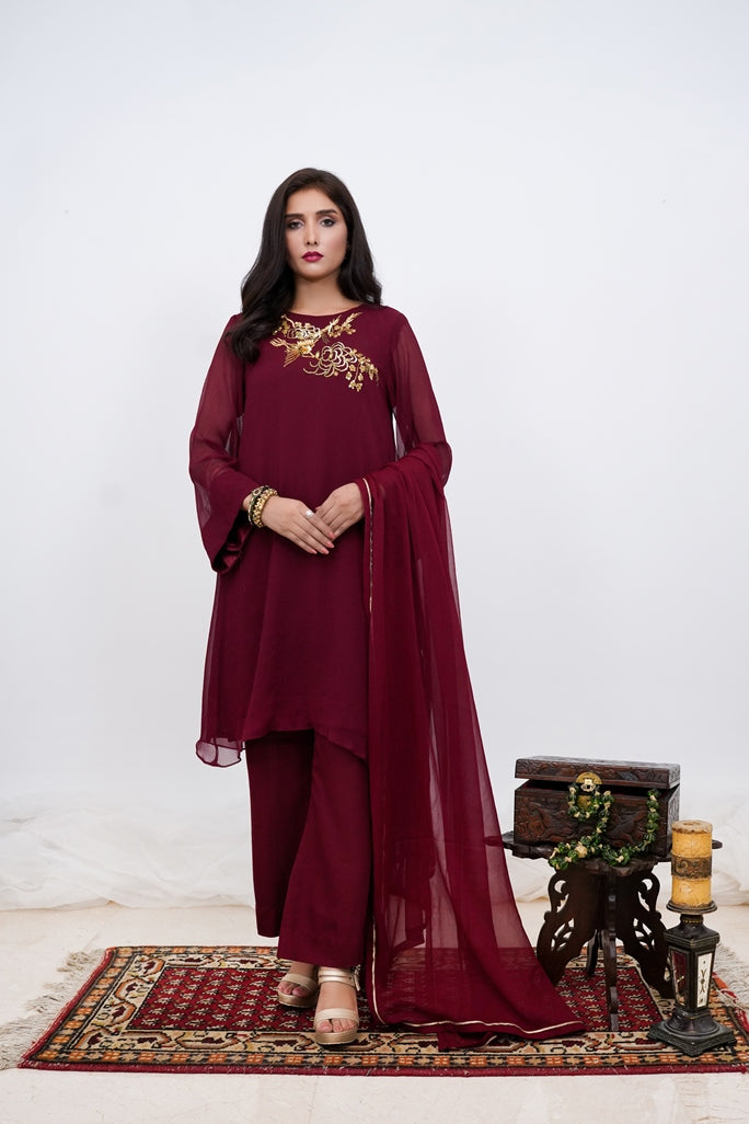 Maroon Mirage-03 PC Maroon Chiffon Hand Embroidered Suit-S2024616