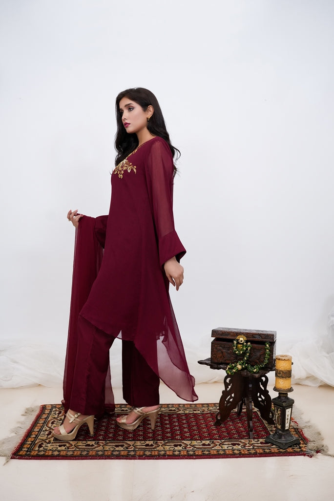 Maroon Mirage-03 PC Maroon Chiffon Hand Embroidered Suit-S2024616