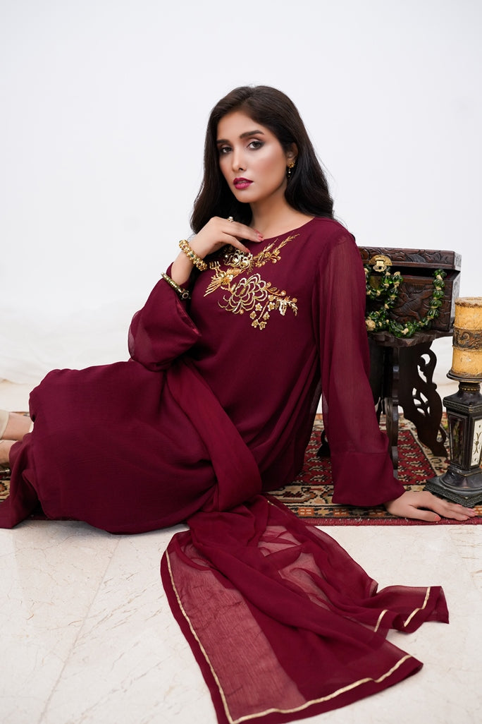 Maroon Mirage-03 PC Maroon Chiffon Hand Embroidered Suit-S2024616