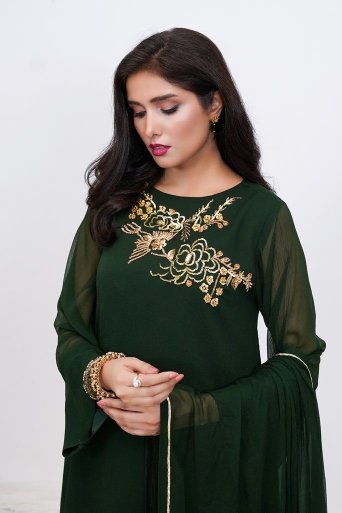 Emerald Cascade- 03 PC Emerald Green Hand Embroidered Suit-S2024602