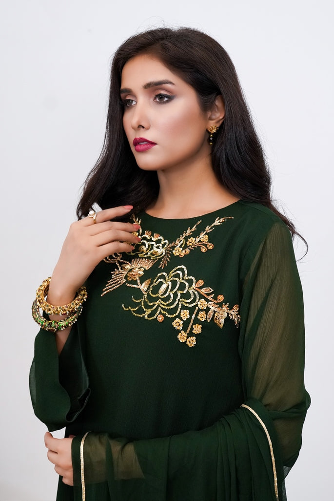 Emerald Cascade- 03 PC Emerald Green Hand Embroidered Suit-S2024602