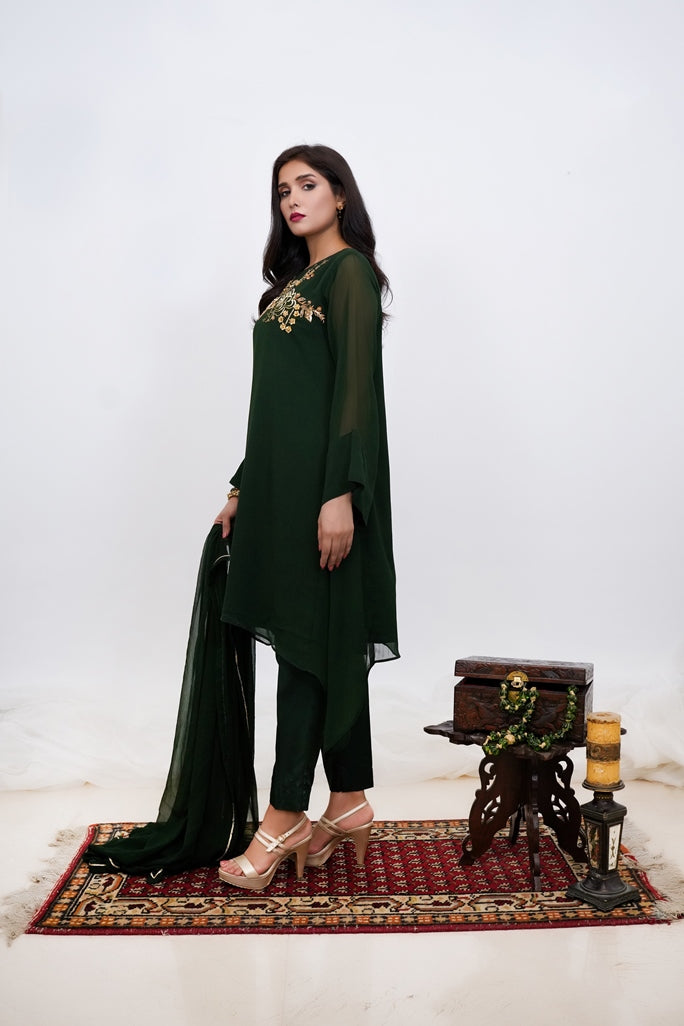 Emerald Cascade- 03 PC Emerald Green Hand Embroidered Suit-S2024602