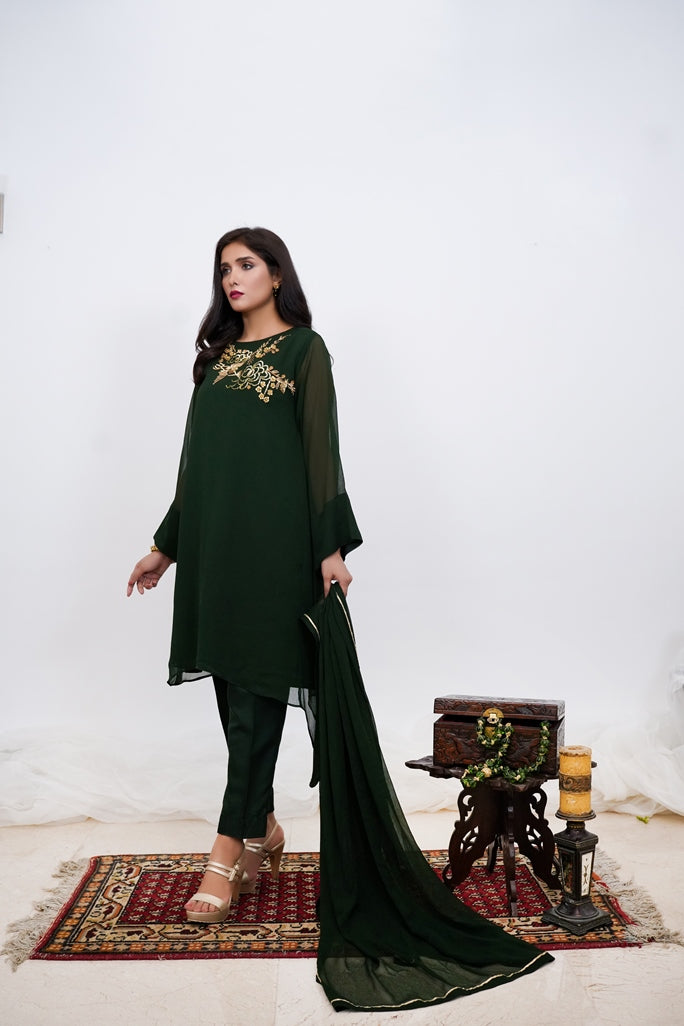 Emerald Cascade- 03 PC Emerald Green Hand Embroidered Suit-S2024602