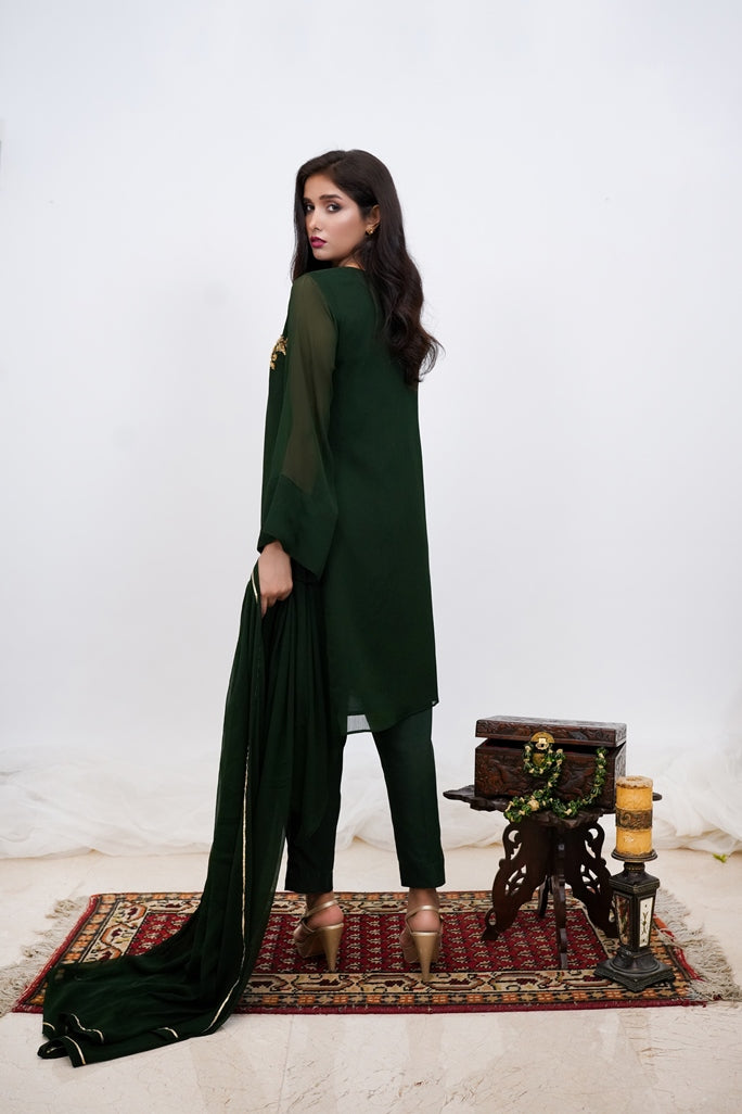 Emerald Cascade- 03 PC Emerald Green Hand Embroidered Suit-S2024602