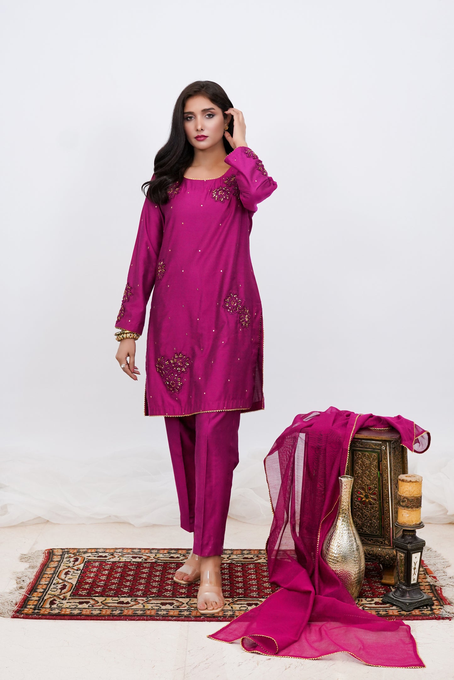 Silk Blush-3 PC Deep Pink Cotton Net