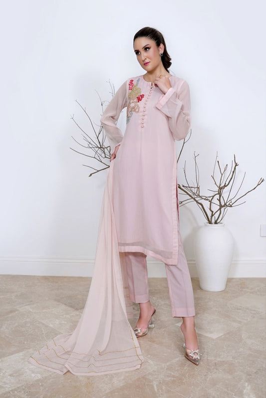 Pink Radiance-03 PC Chiffon hand embroidered suit-S2024602