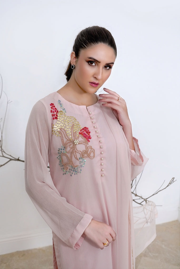 Pink Radiance-03 PC Chiffon hand embroidered suit-S2024602