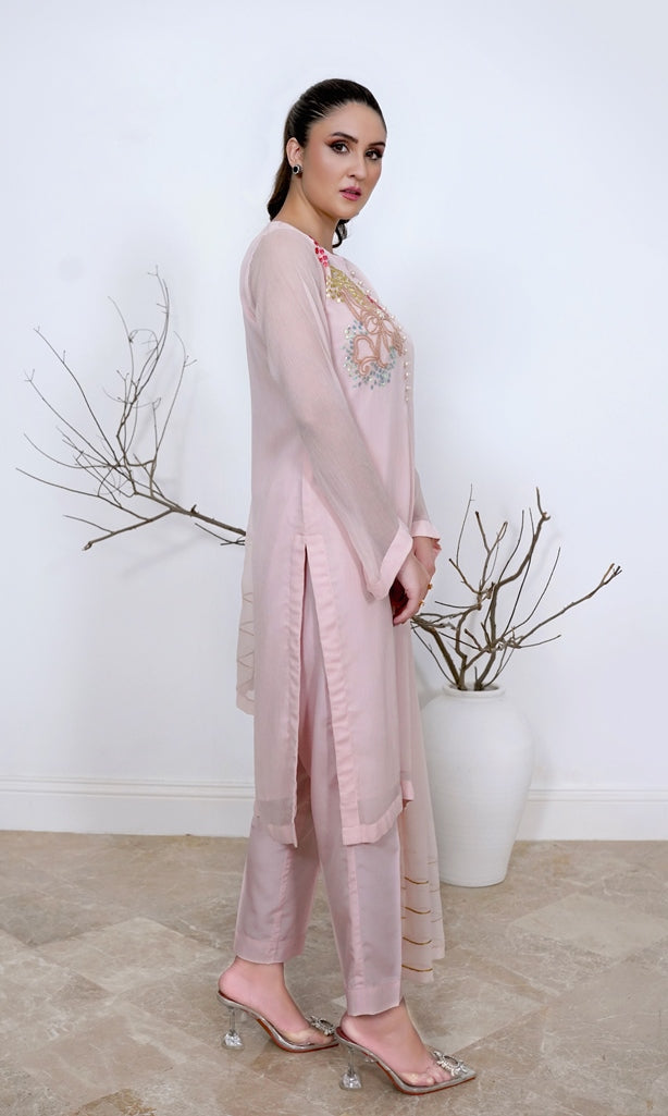 Pink Radiance-03 PC Chiffon hand embroidered suit-S2024602