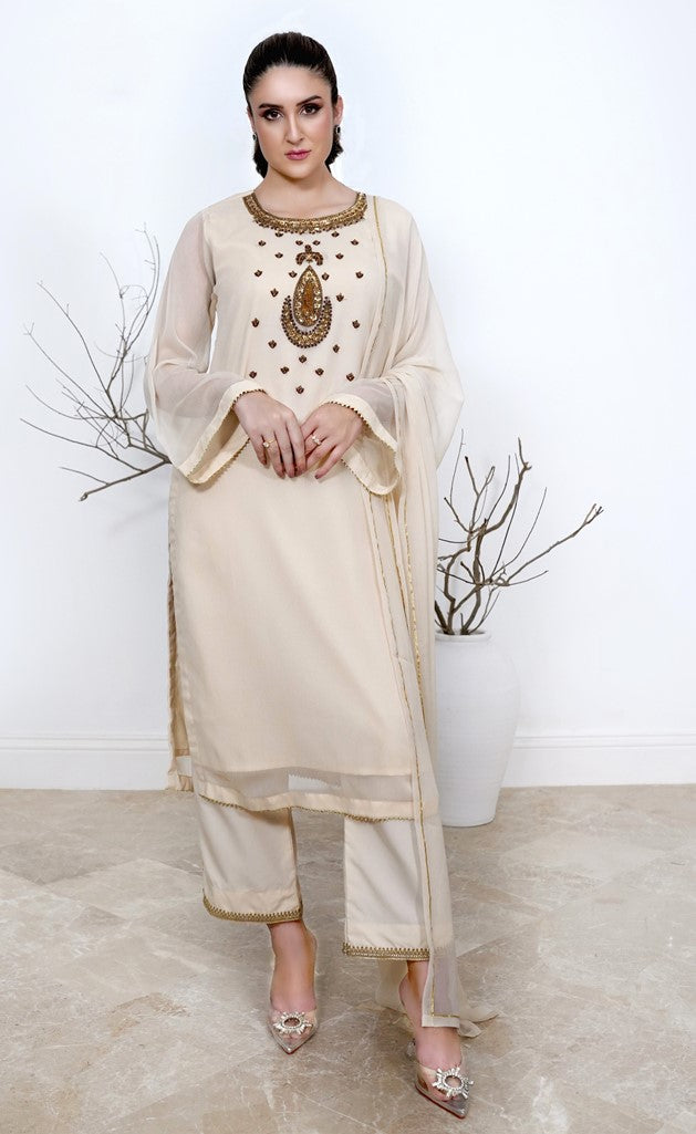 Ivory Essence- 03 Piece Chiffon hand embroidered suit - S2024604