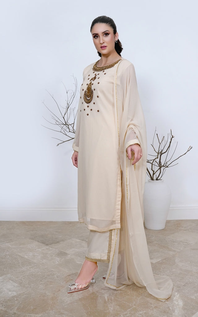 Ivory Essence- 03 Piece Chiffon hand embroidered suit - S2024604