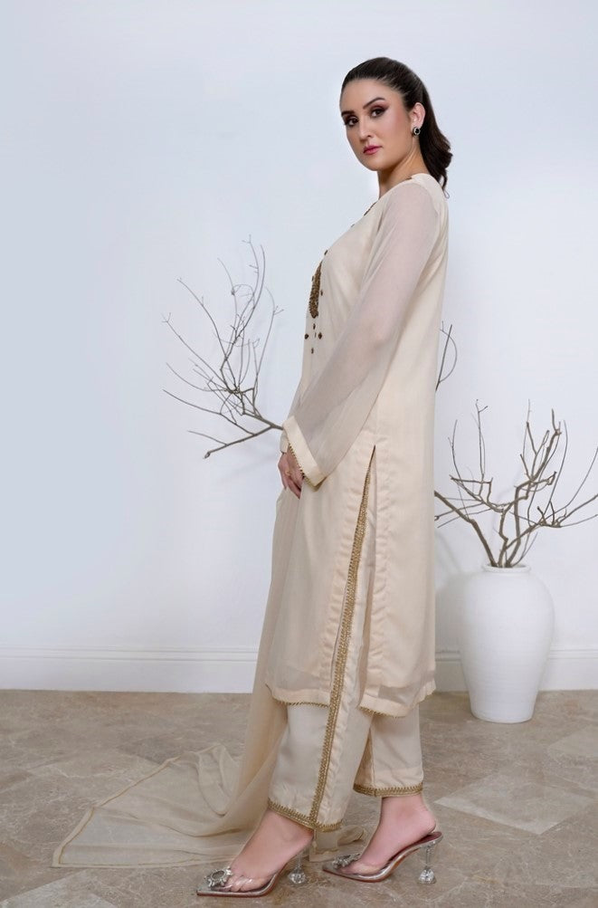 Ivory Essence- 03 Piece Chiffon hand embroidered suit - S2024604