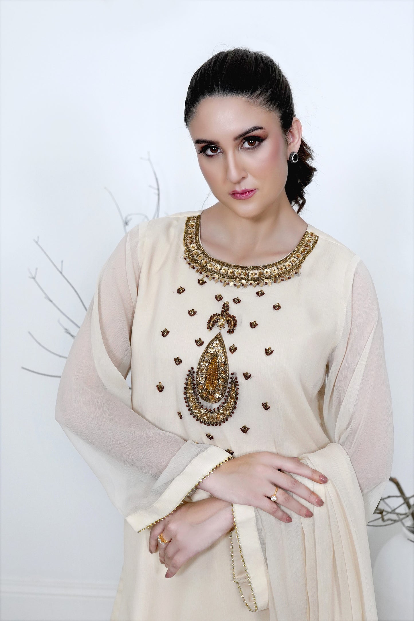 Ivory Essence- 03 Piece Chiffon hand embroidered suit - S2024604