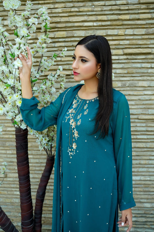 Tinseltown - Green Chiffon Handwork Embellished 03 PC Suit - CE20241016