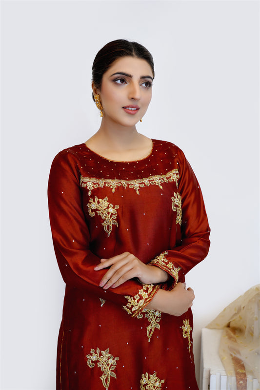 Crimson Gold- 03 PC Maroon Silk Suit-CEF248971