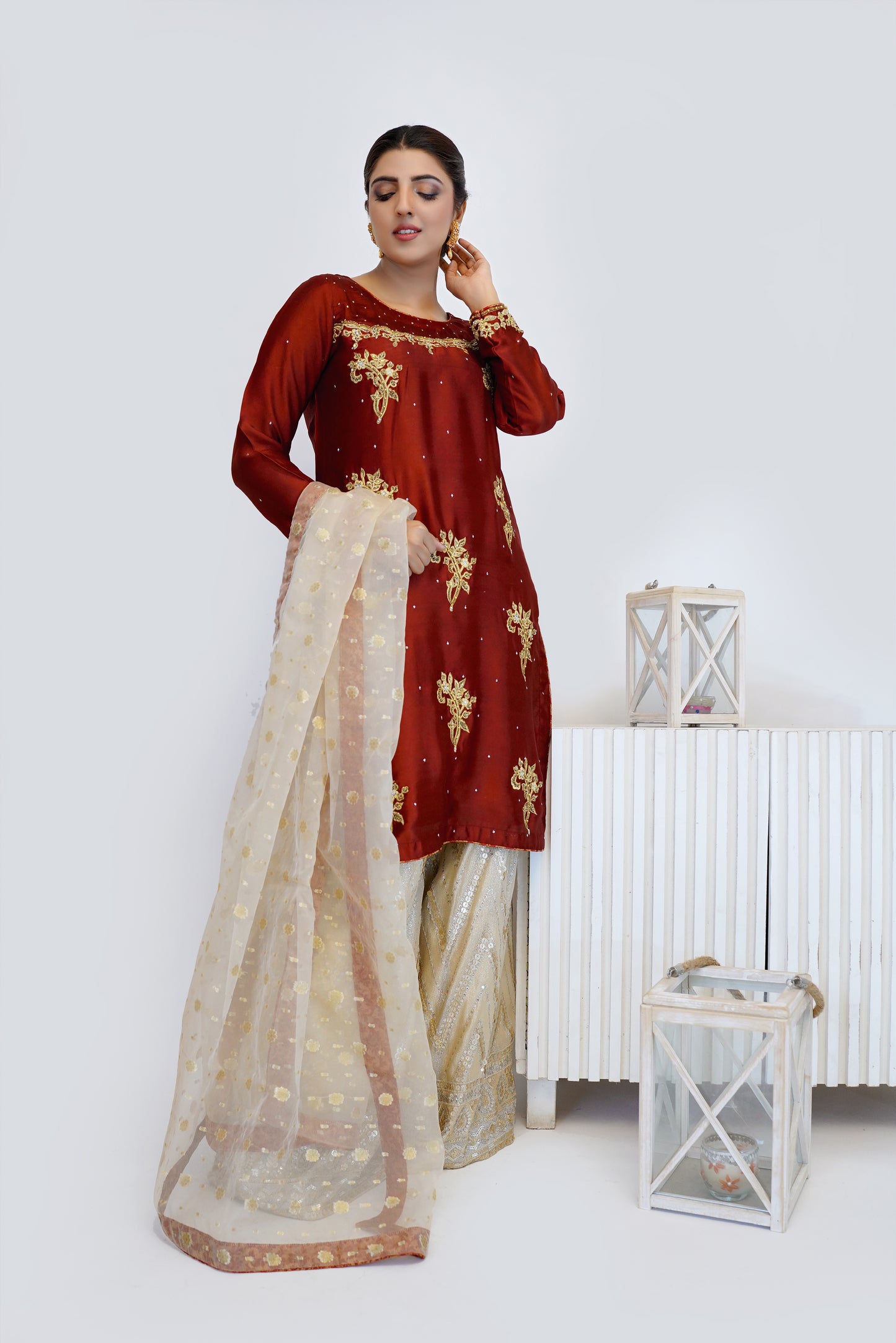 Crimson Gold- 03 PC Maroon Silk Suit-CEF248971