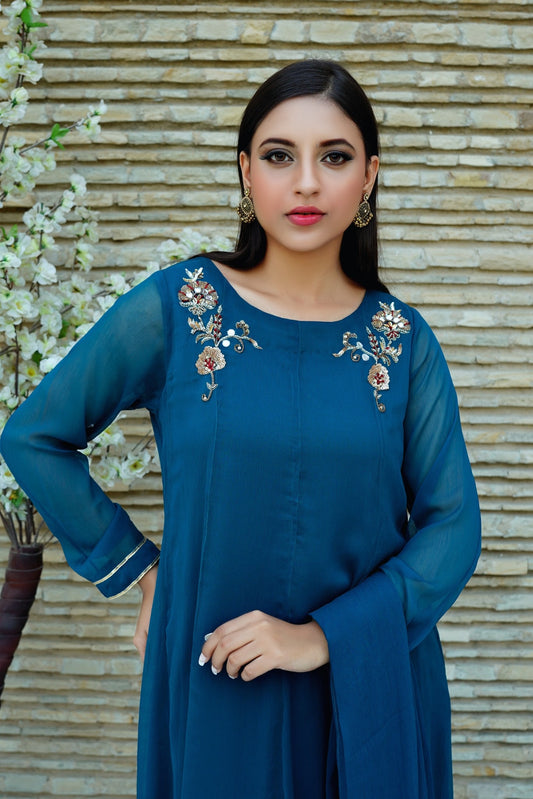 Easy Breezy - Chiffon A-Line Flared Top with Lace Sleeves & Chiffon Dupatta - CE20241017