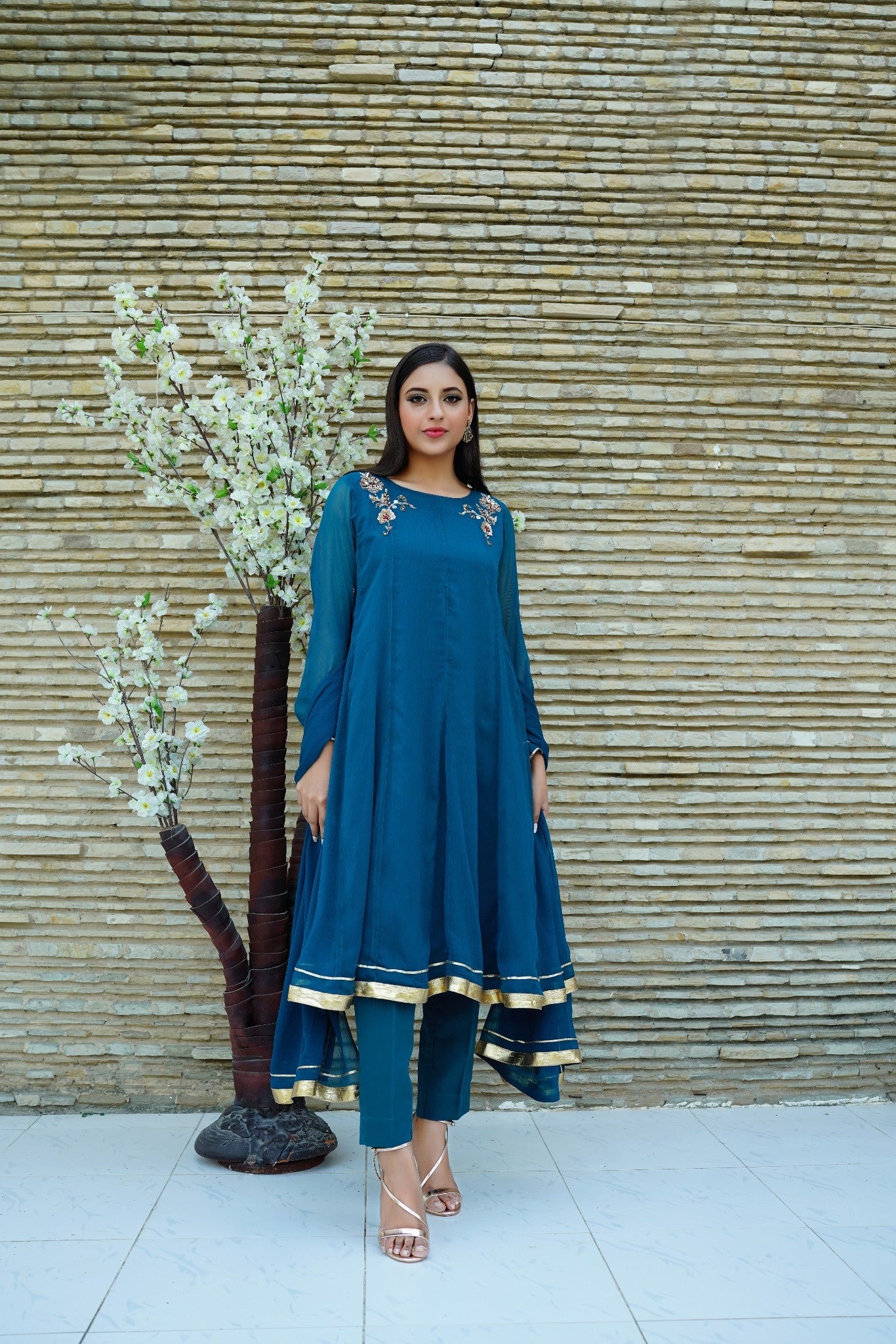 Easy Breezy - Chiffon A-Line Flared Top with Lace Sleeves & Chiffon Dupatta - CE20241017