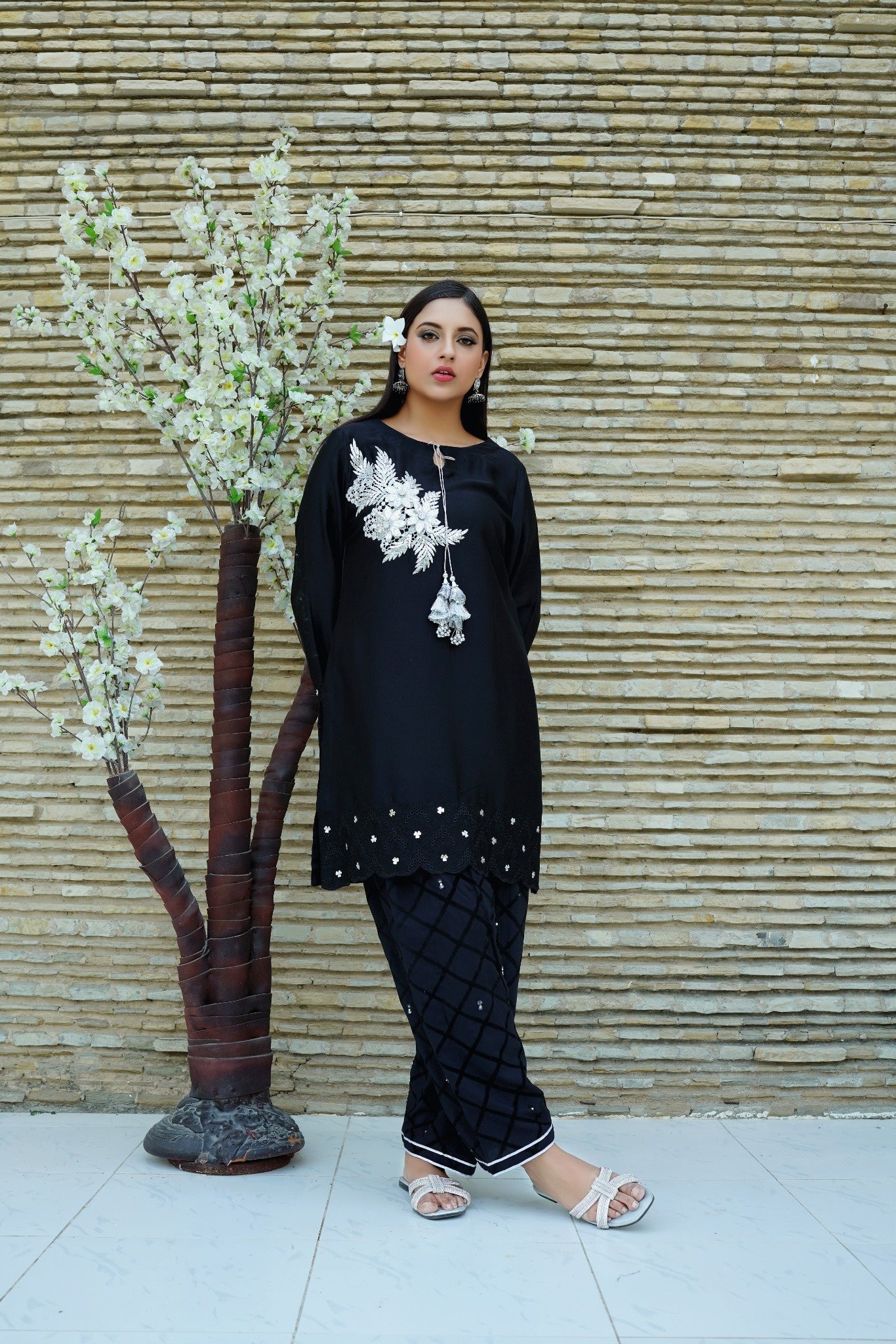 Simply Sublime - Black Floral Embellished Straight Shirt with Handworked Shalwar - CE20241024