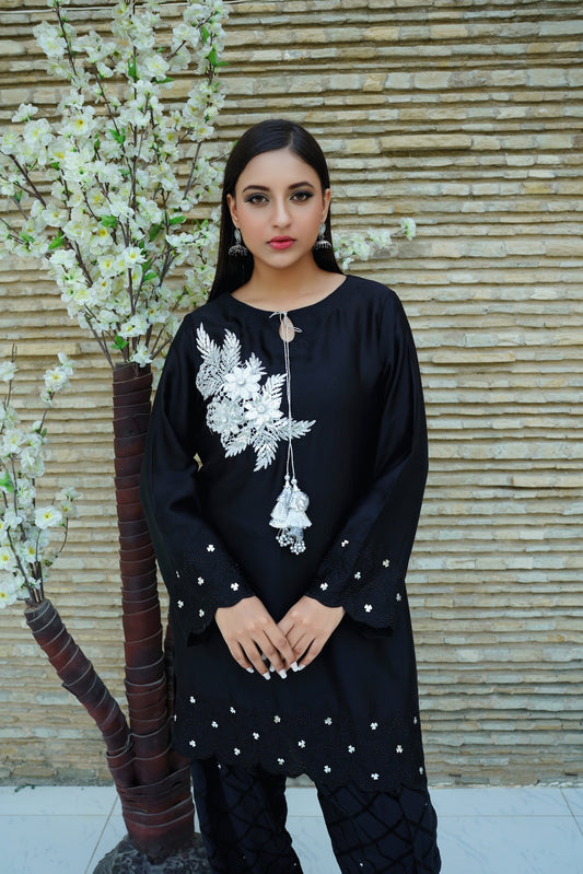 Simply Sublime - Black Floral Embellished Straight Shirt with Handworked Shalwar - CE20241024