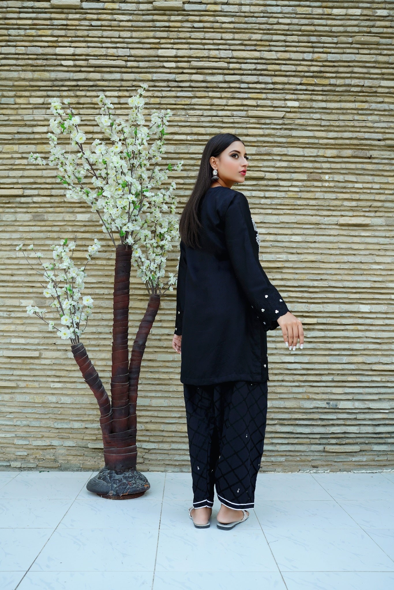 Simply Sublime - Black Floral Embellished Straight Shirt with Handworked Shalwar - CE20241024