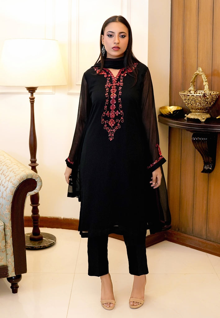 Noir & Rust Harmony-03 PC Black Hand Embroidered Chiffon suit-S2024633