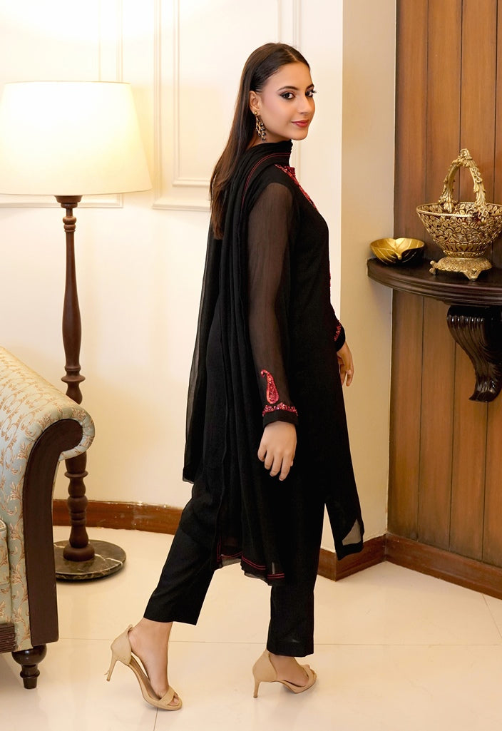 Noir & Rust Harmony-03 PC Black Hand Embroidered Chiffon suit-S2024633