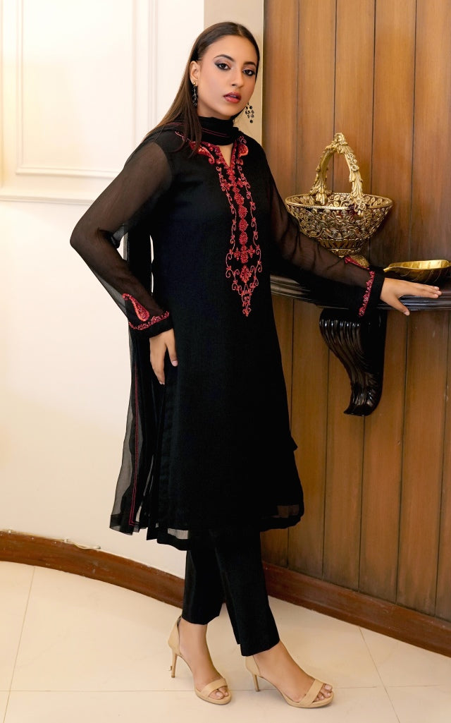 Noir & Rust Harmony-03 PC Black Hand Embroidered Chiffon suit-S2024633