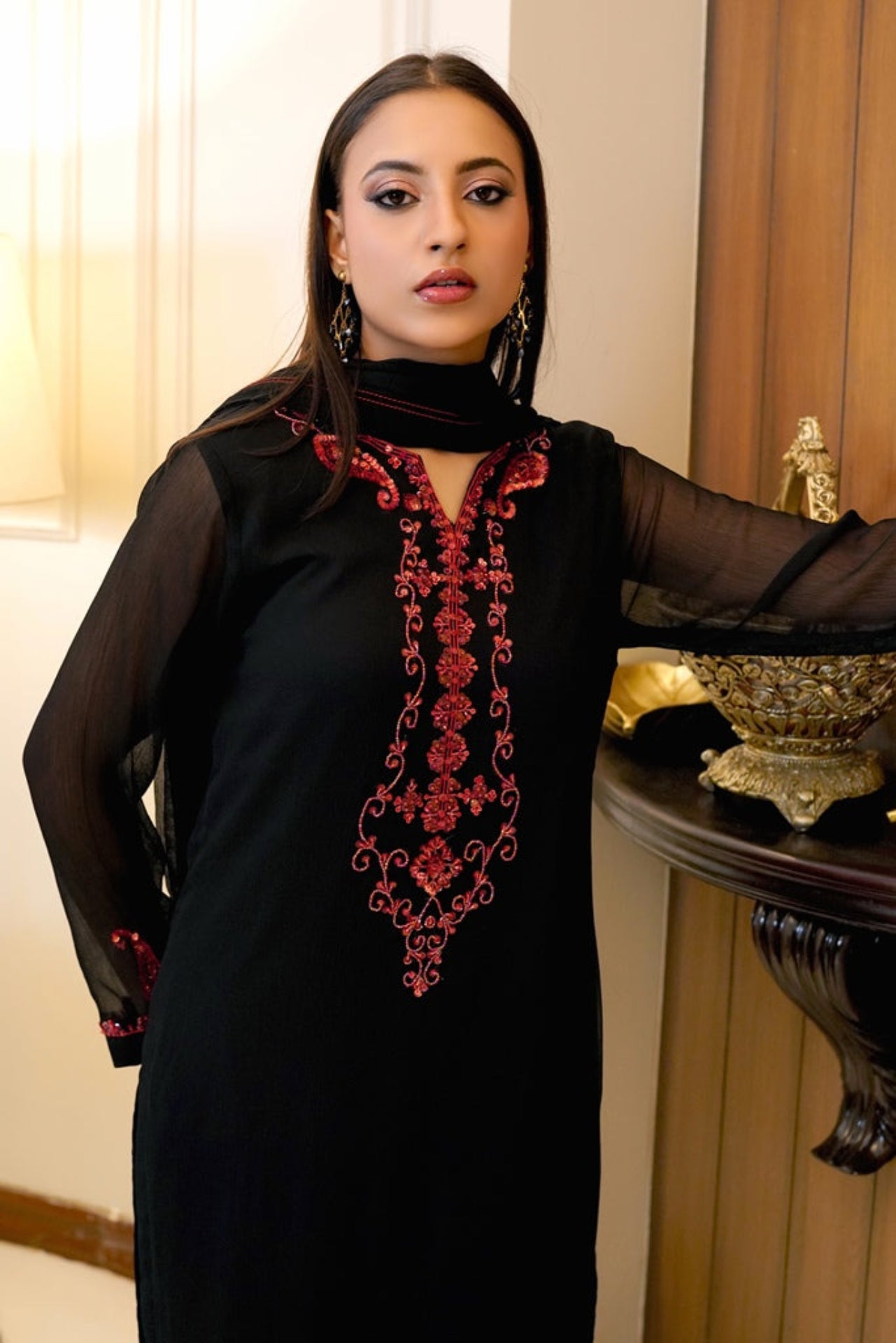 Noir & Rust Harmony-03 PC Black Hand Embroidered Chiffon suit-S2024633