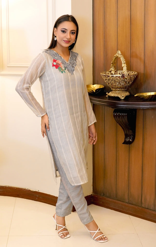 Slate Elegance: 02 PC Grey Cotton Silk embroidered suit  - CK2189