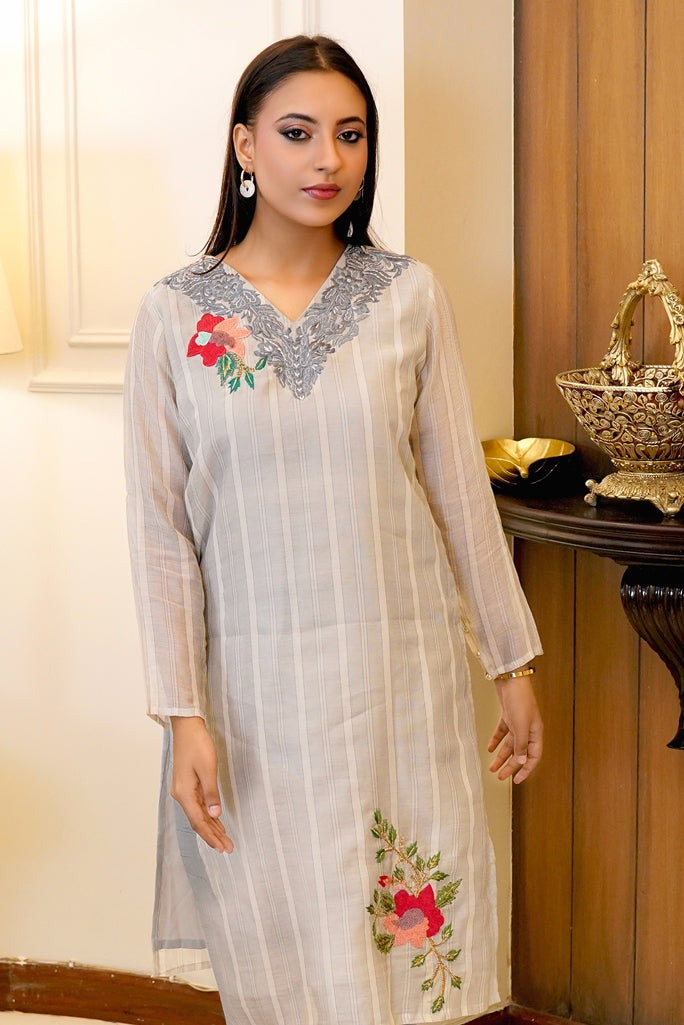 Slate Elegance: 02 PC Grey Cotton Silk embroidered suit  - CK2189