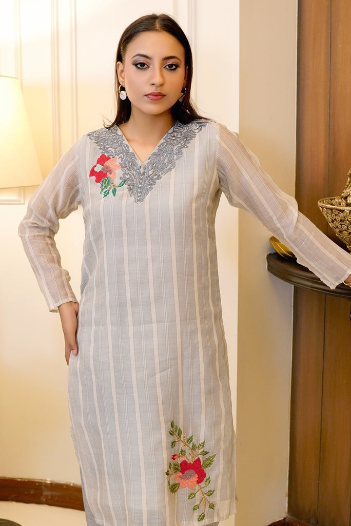 Slate Elegance: 02 PC Grey Cotton Silk embroidered suit  - CK2189