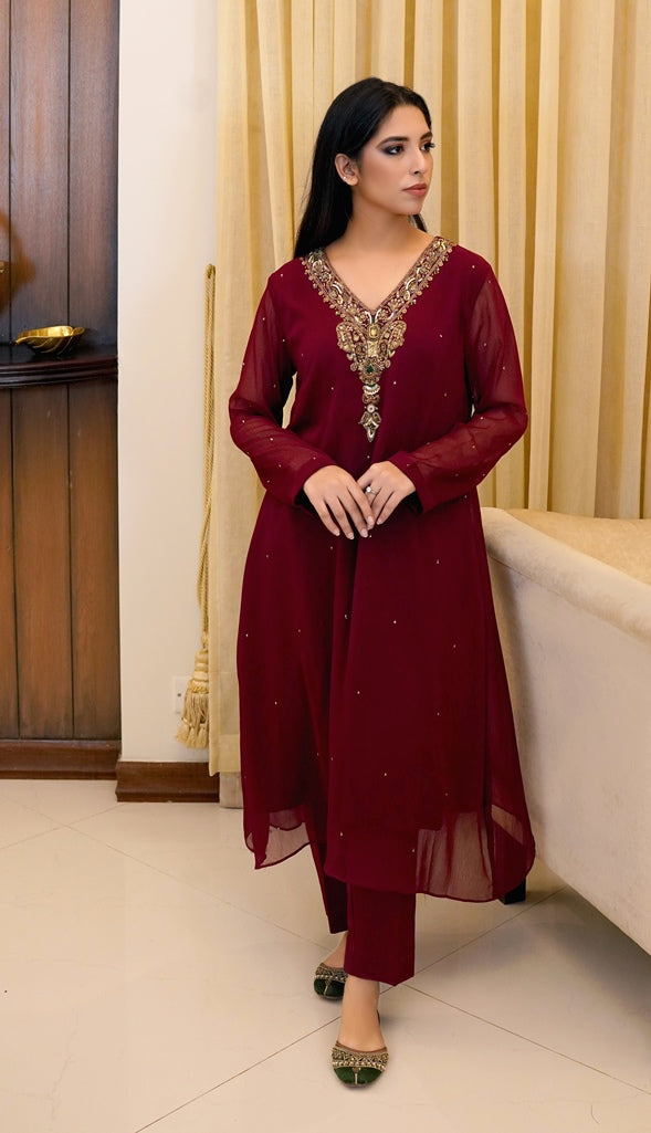 Scarlet Enchantment: 02 PC Maroon hand embroidered Chiffon suit - CE4860823