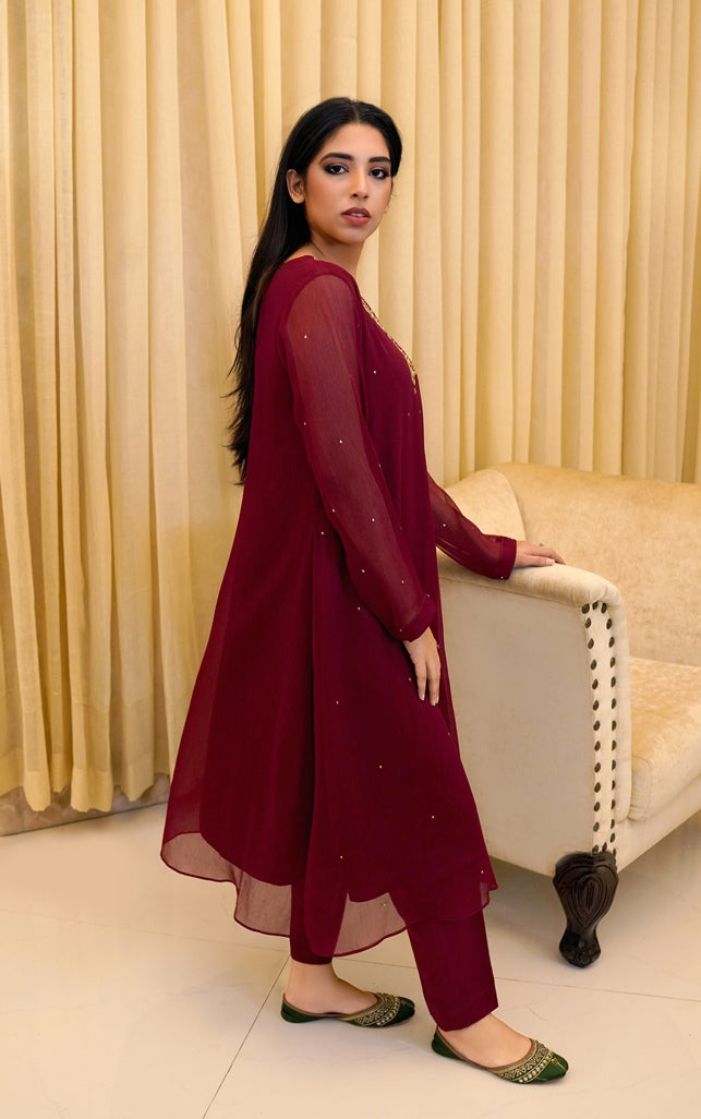 Scarlet Enchantment: 02 PC Maroon hand embroidered Chiffon suit - CE4860823