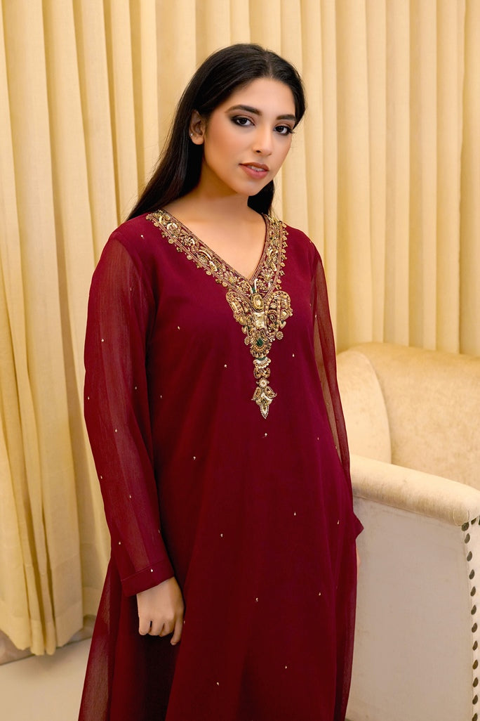 Scarlet Enchantment: 02 PC Maroon hand embroidered Chiffon suit - CE4860823