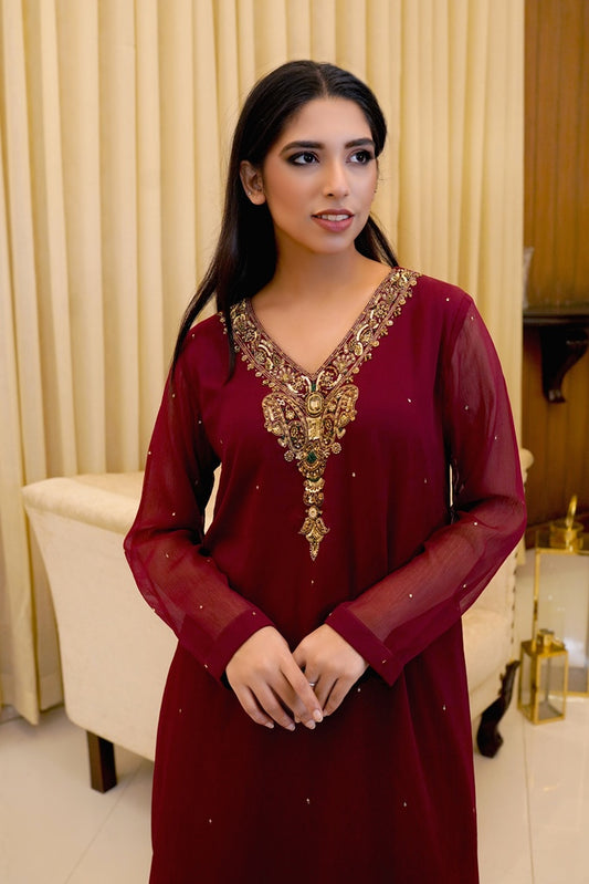 Scarlet Enchantment: 02 PC Maroon hand embroidered Chiffon suit - CE4860823