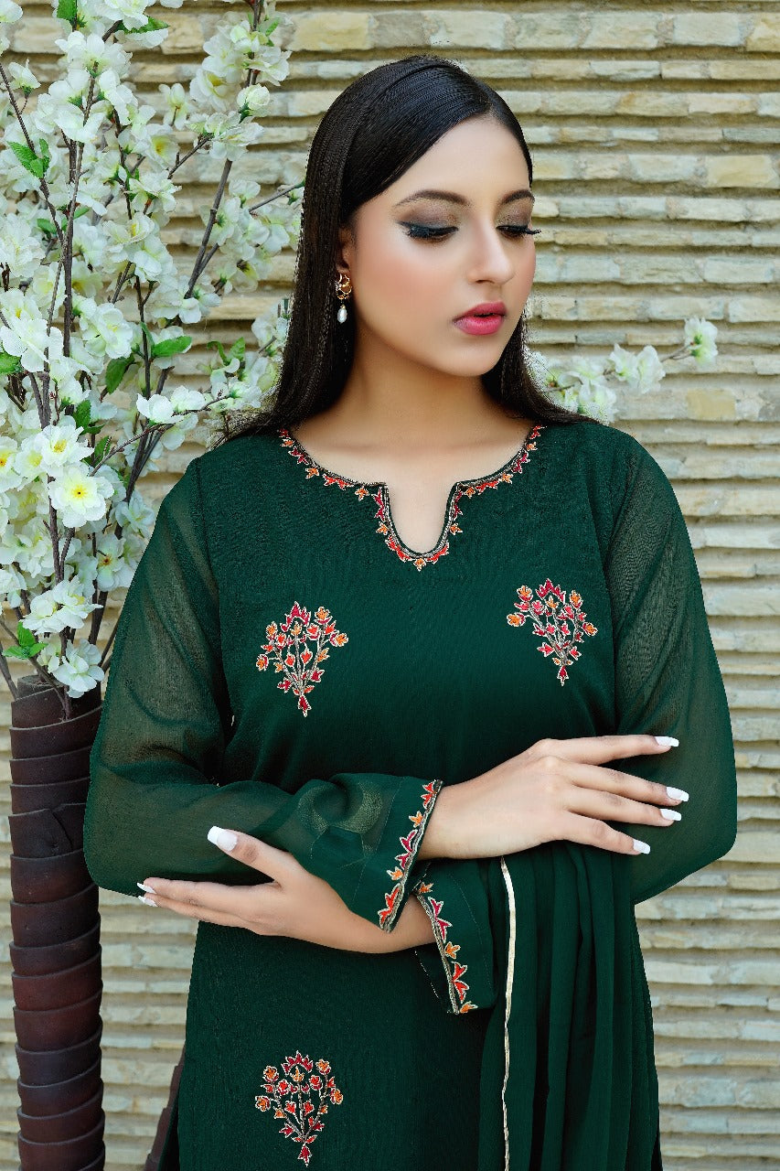 EverGreen - Emerald Green Motifs Embroidered Straight Shirt with Chiffon Dupatta - CE20241013