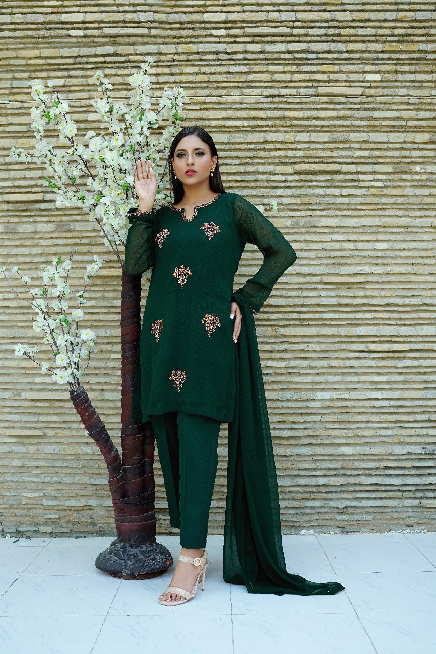 EverGreen - Emerald Green Motifs Embroidered Straight Shirt with Chiffon Dupatta - CE20241013