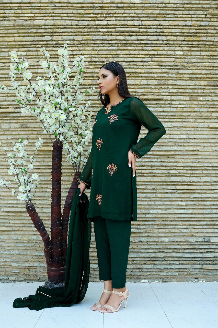 EverGreen - Emerald Green Motifs Embroidered Straight Shirt with Chiffon Dupatta - CE20241013