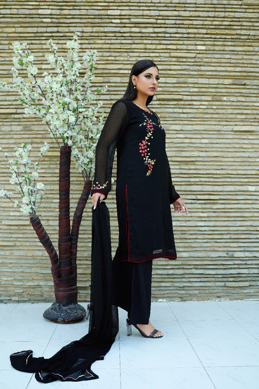 Cascade - Black Floral Embroidered shirt and Chiffon Dupatta - CE20241010