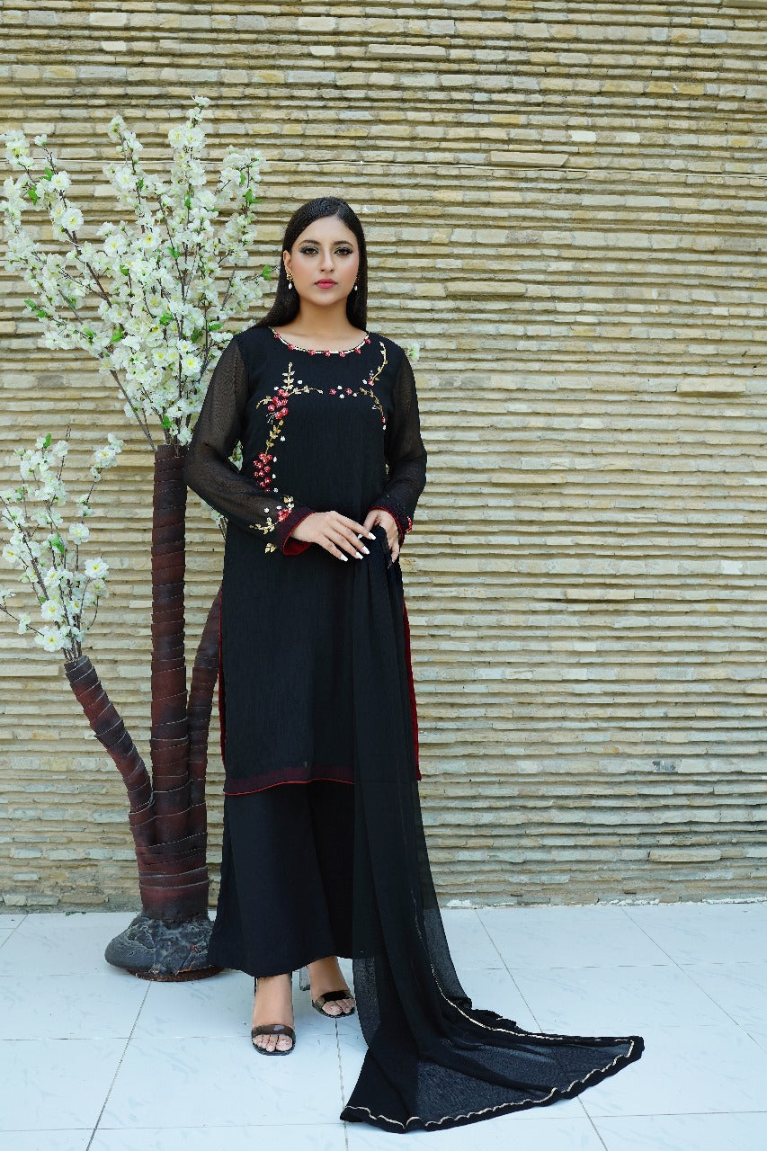 Cascade - Black Floral Embroidered shirt and Chiffon Dupatta - CE20241010