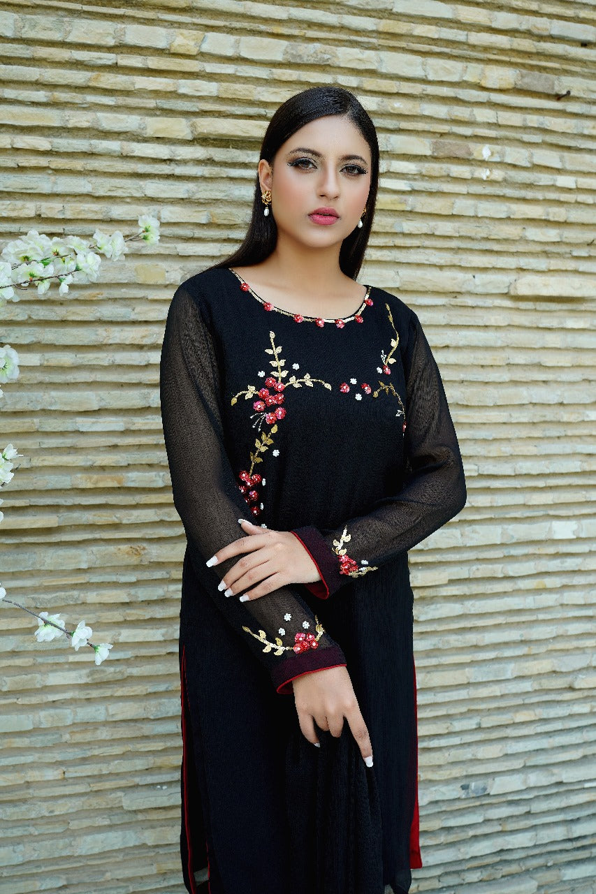 Cascade - Black Floral Embroidered shirt and Chiffon Dupatta - CE20241010