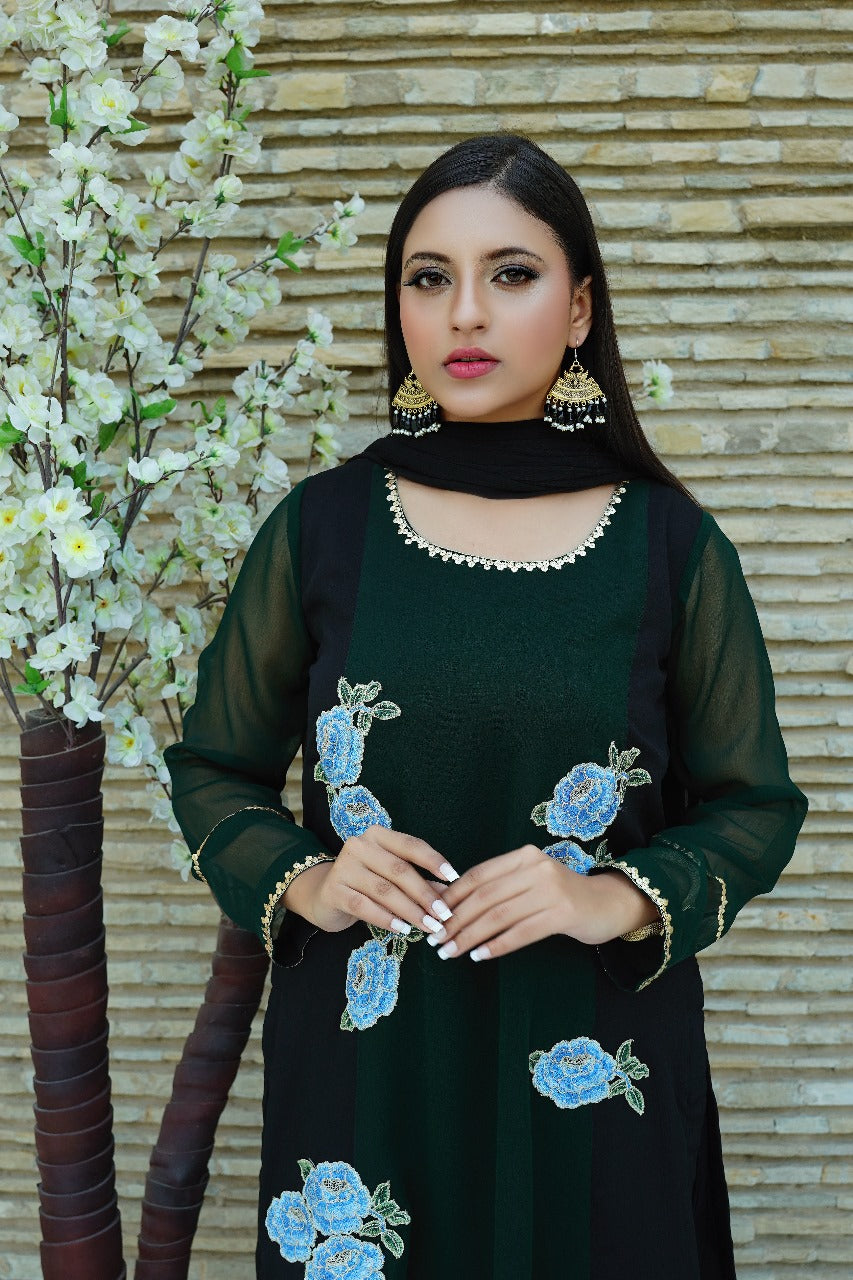 Kiss from a Rose - Black & Green Floral Applique Embellished Straight Shirt with Chiffon Dupatta - CE20241012