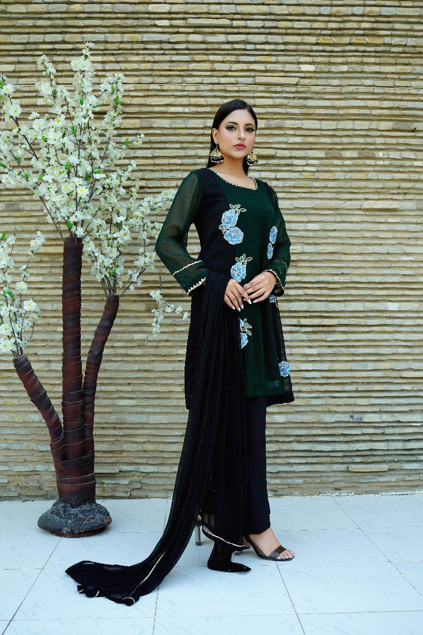 Kiss from a Rose - Black & Green Floral Applique Embellished Straight Shirt with Chiffon Dupatta - CE20241012