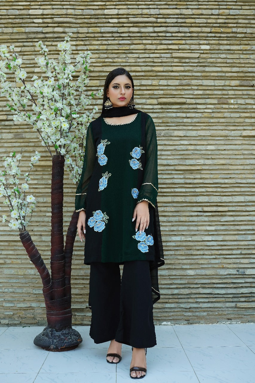 Kiss from a Rose - Black & Green Floral Applique Embellished Straight Shirt with Chiffon Dupatta - CE20241012