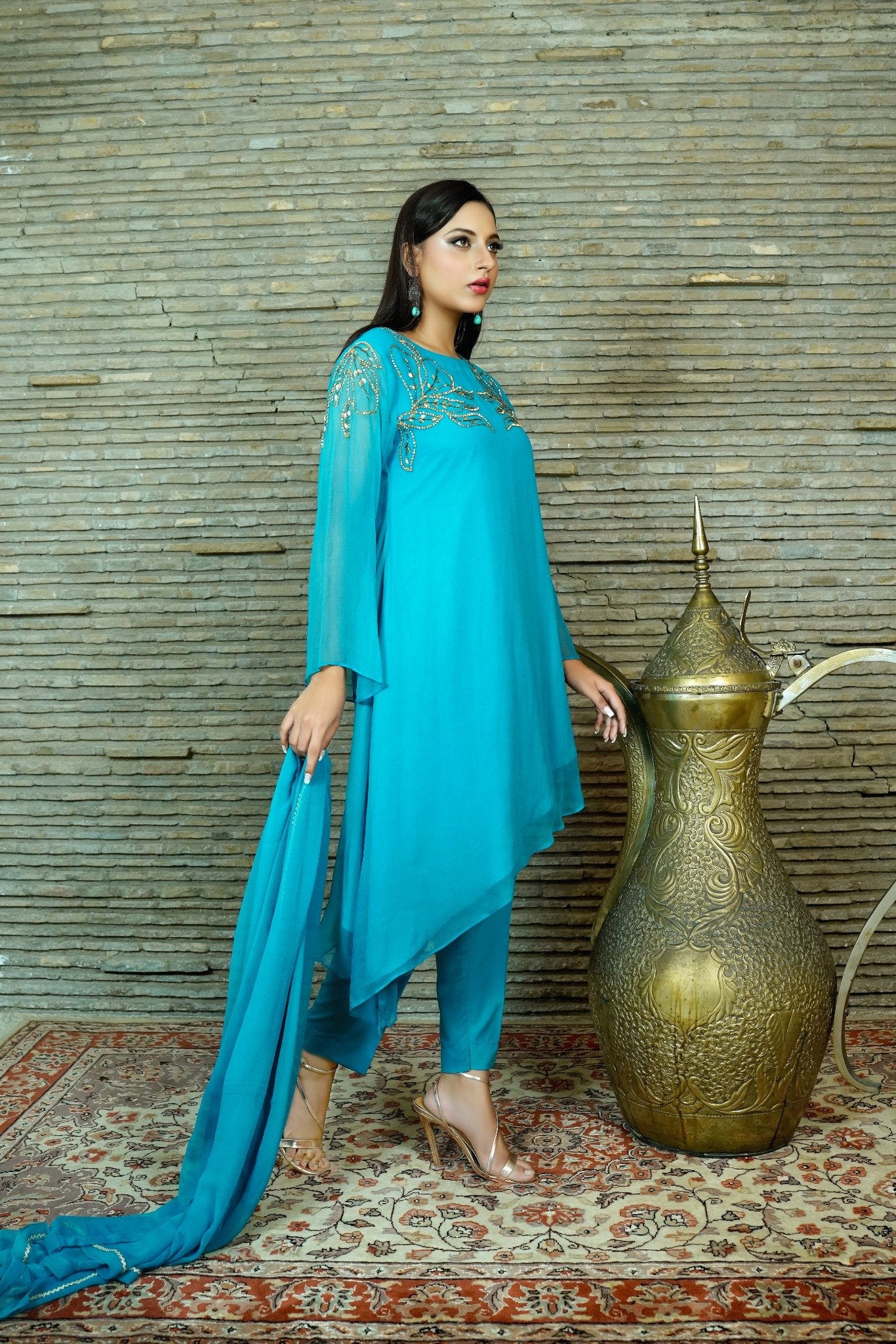 Cutting Corners - Blue Chiffon Gold Embroidered 03 PC Suit - CE20241014