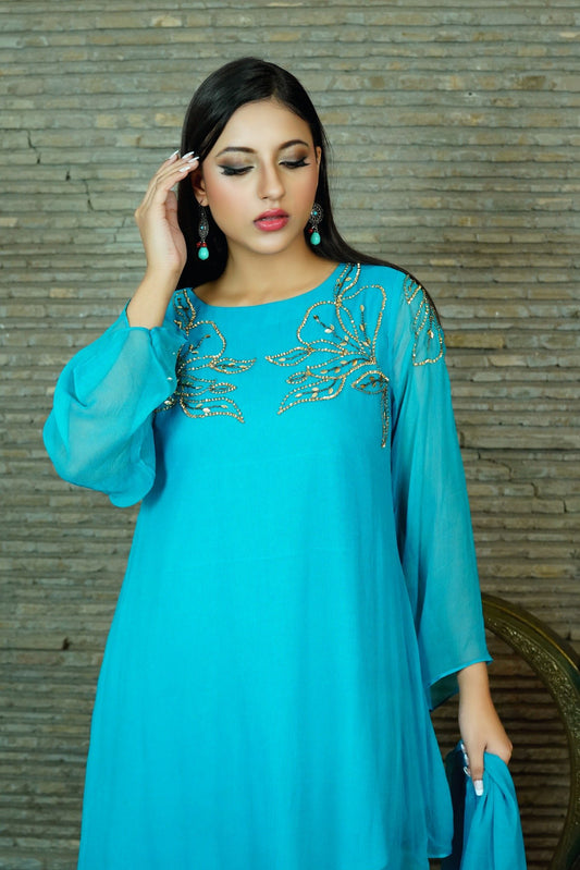 Cutting Corners - Blue Chiffon Gold Embroidered 03 PC Suit - CE20241014